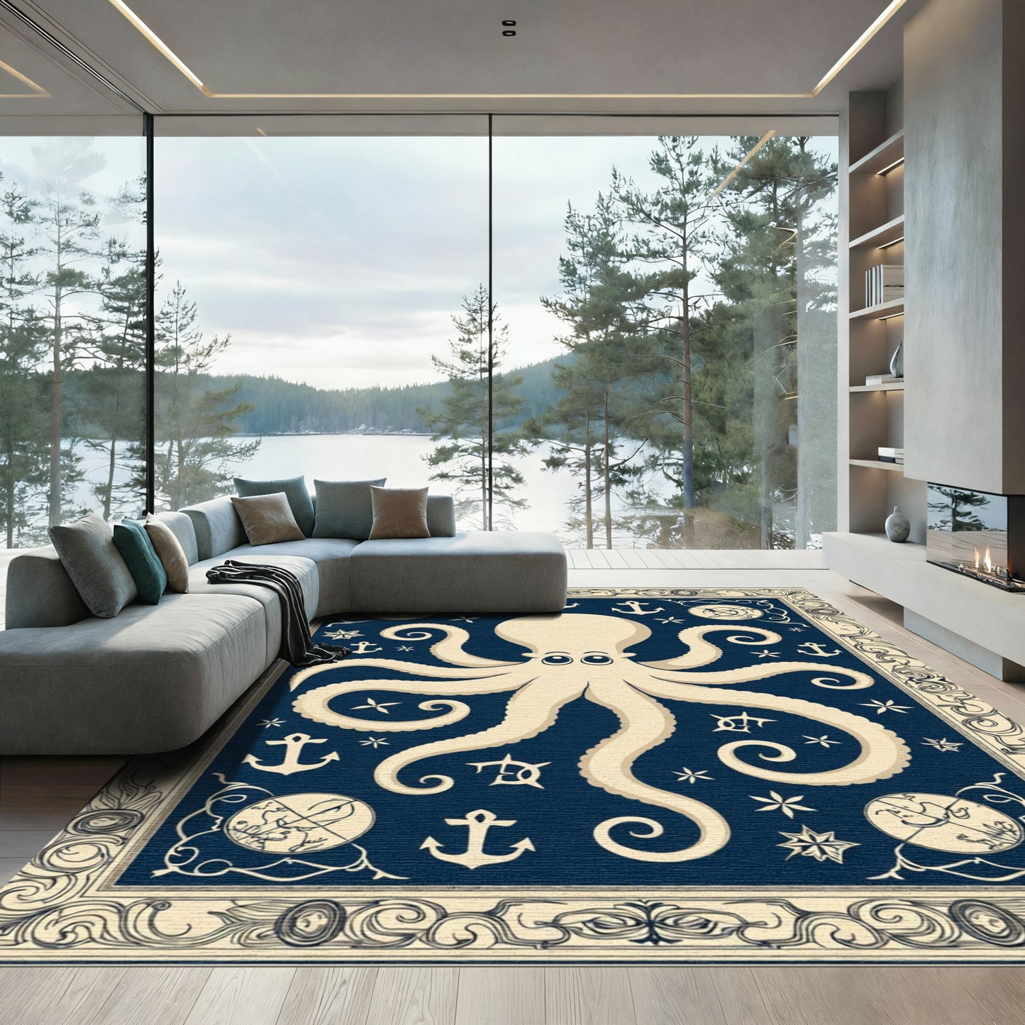 Nautical Cream Octopus Anchors Compass Rug