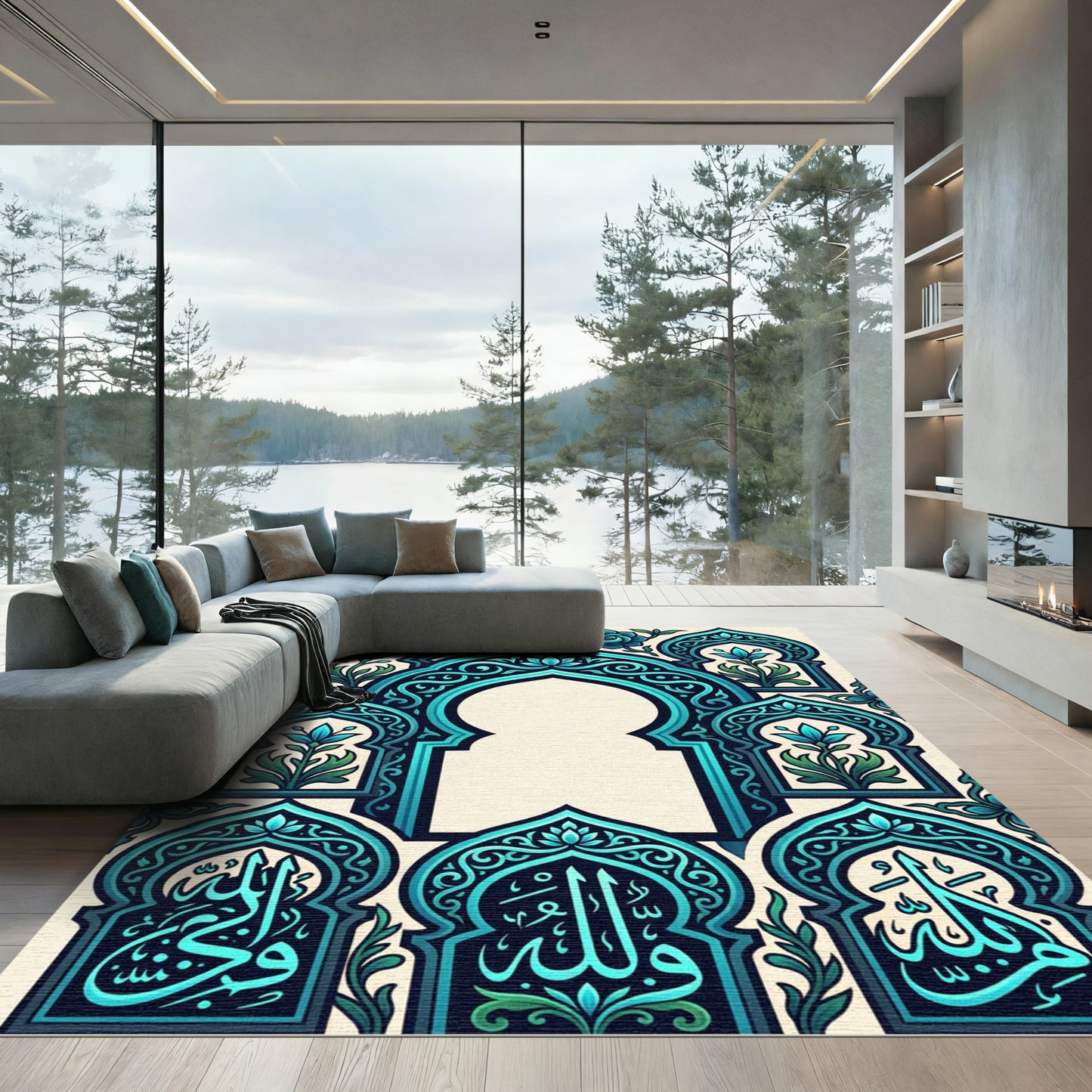 Teal Blue Arabesque Floral Arch Gate Rug