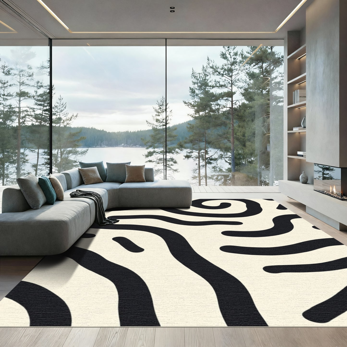 Creamy Black Organic Swirl Abstract Rug