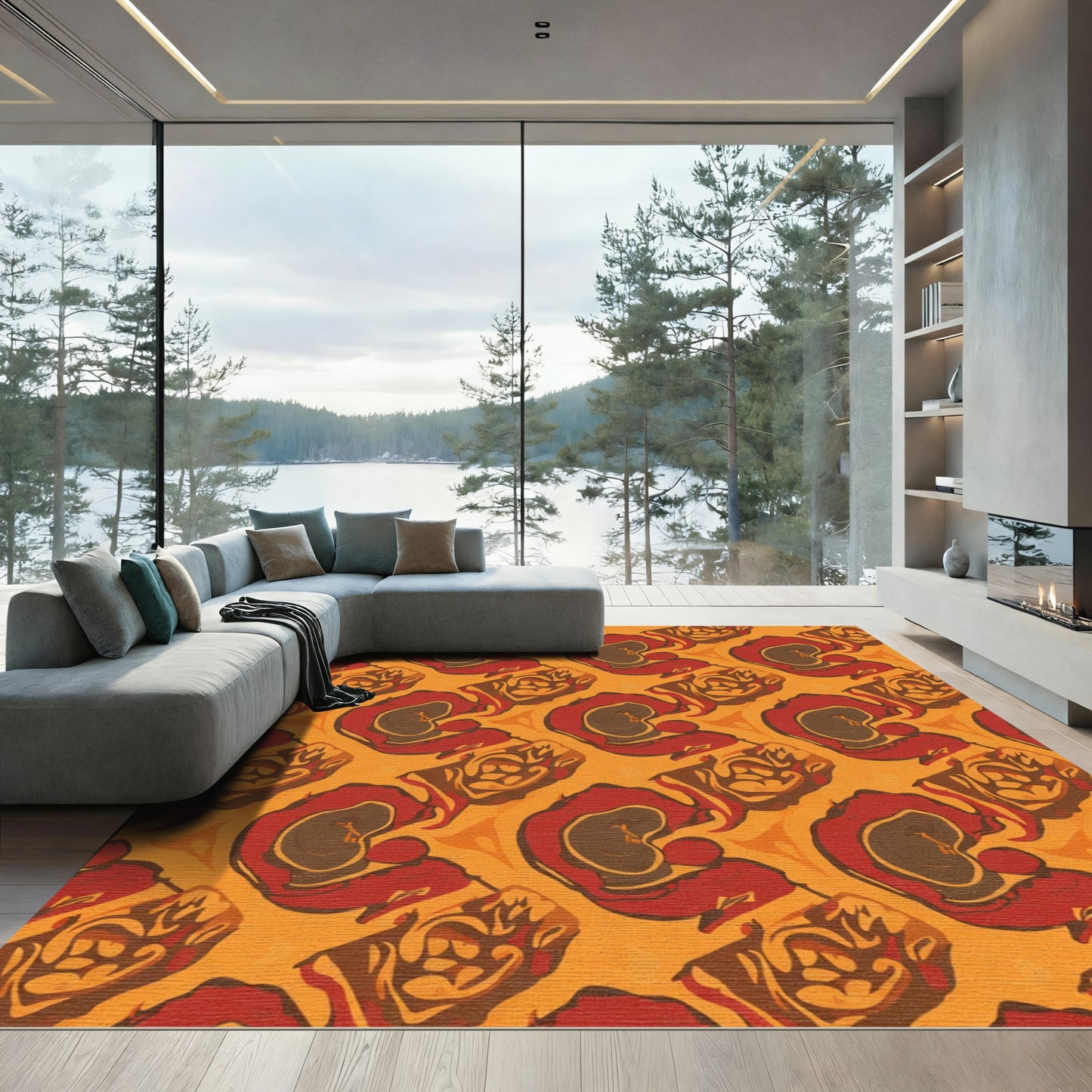 Crimson Ochre Swirl Organic Rug