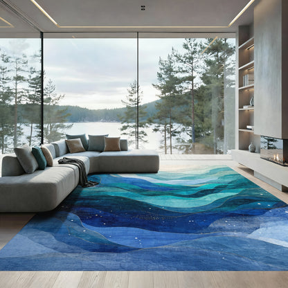 Teal Blue Layered Waves Rug