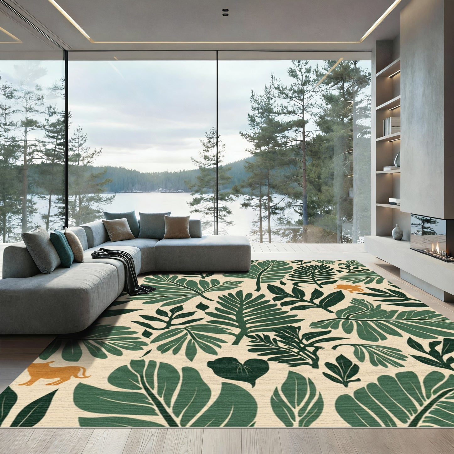 Deep Green Tropical Leaves Beige Rug