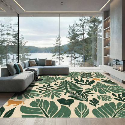 Deep Green Tropical Leaves Beige Rug