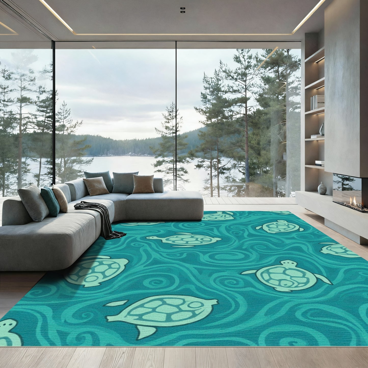 Teal Sea Turtle Swirls Rug