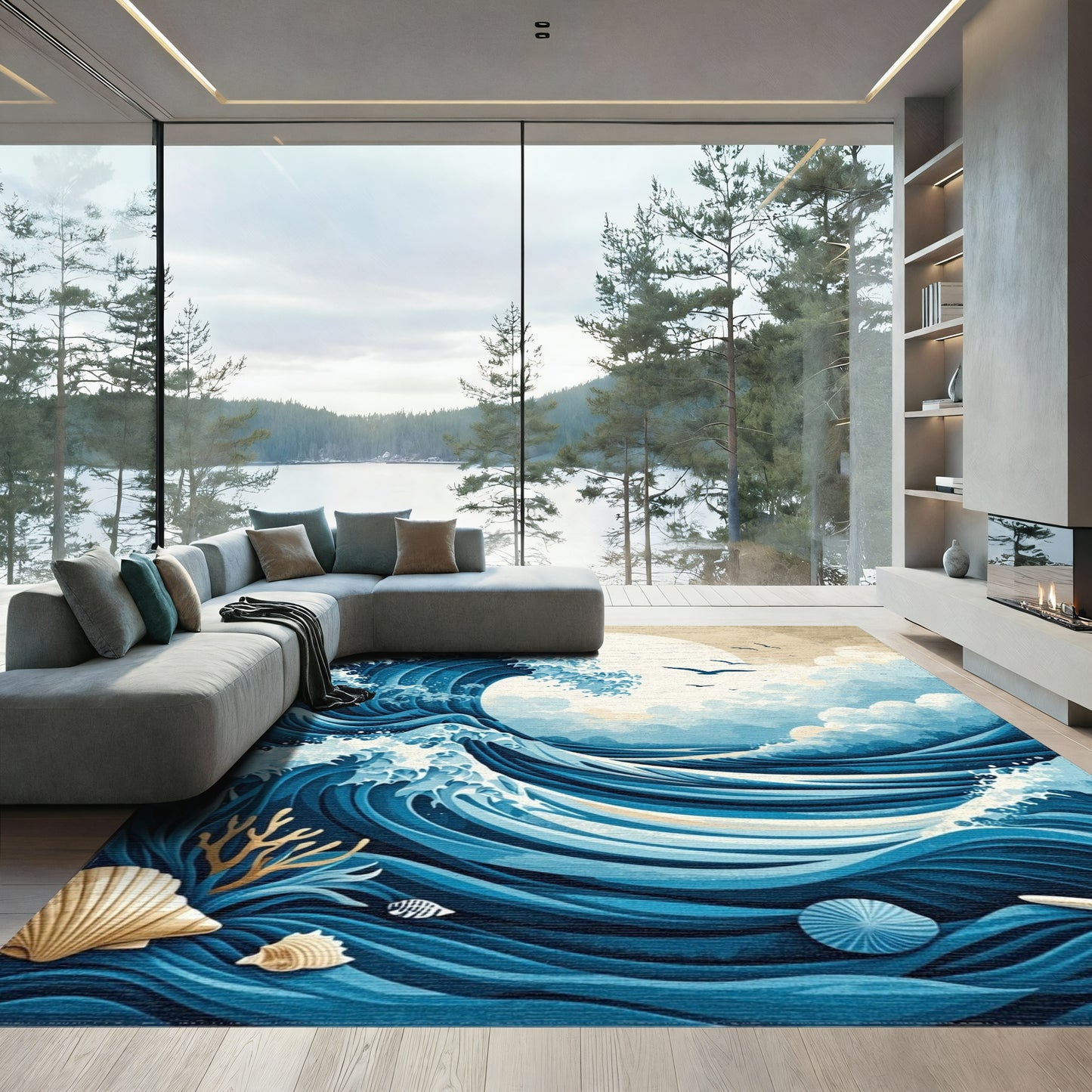Blue Crashing Wave Moon Birds Rug