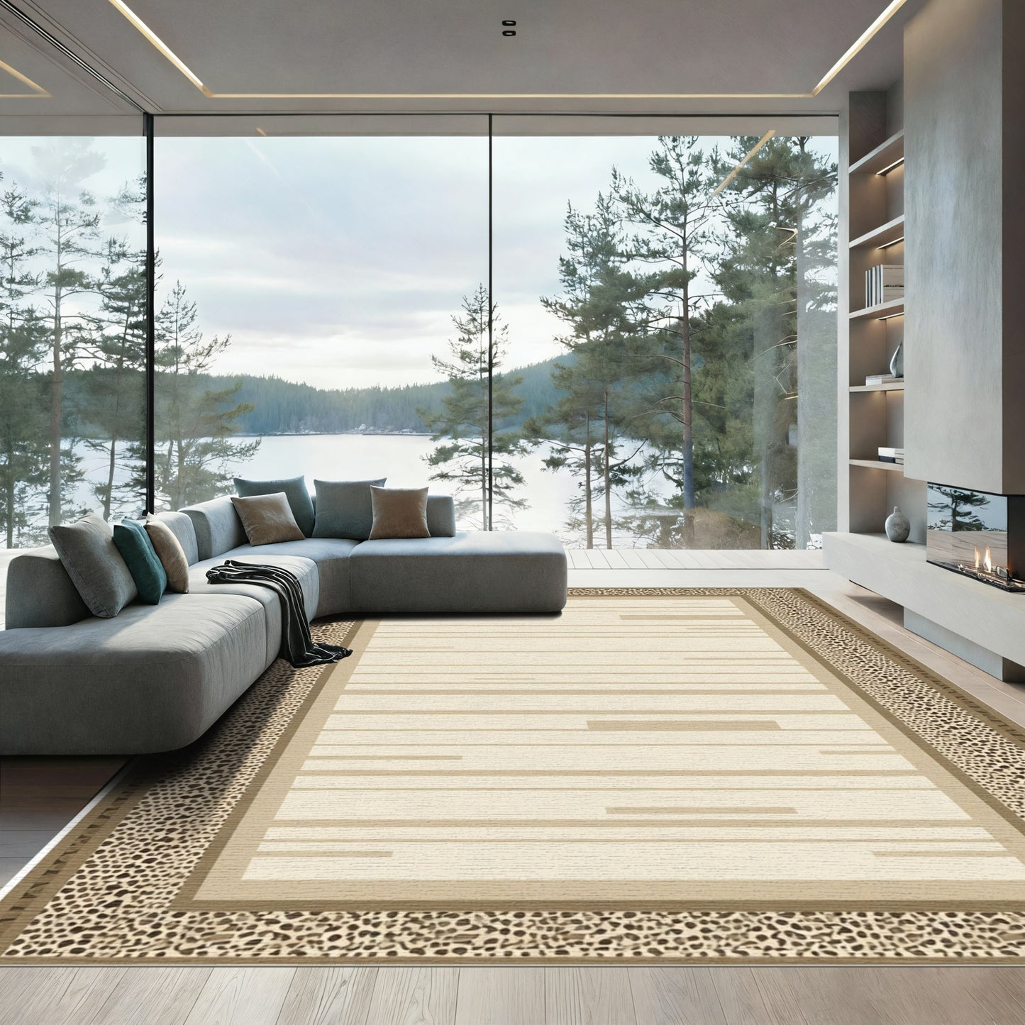 Neutral Abstract Stripe Leopard Border Rug