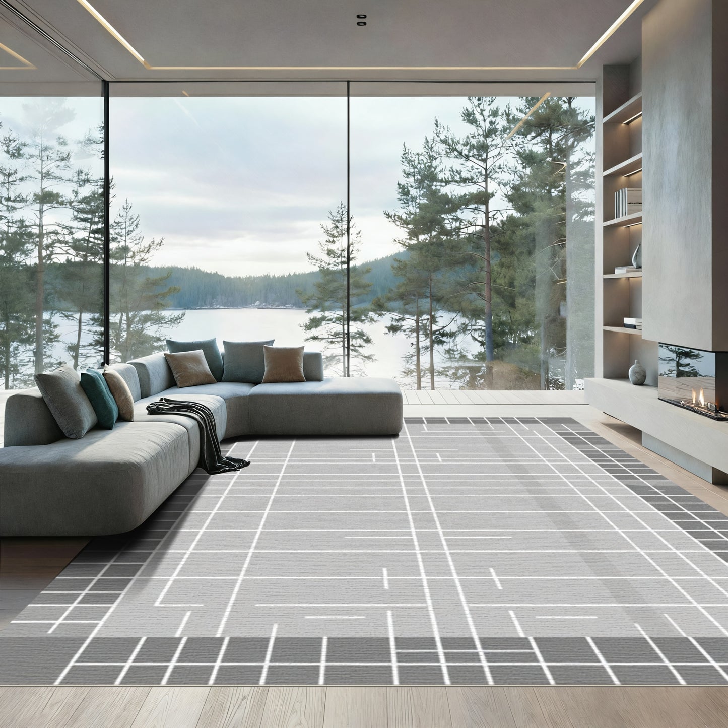 Gray Grid Lines Rectangular Field Rug