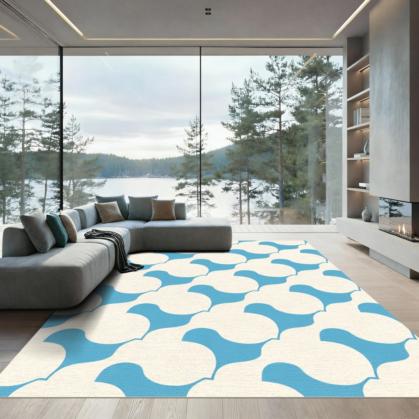 Blue Cream Organic Cloud Pattern Rug