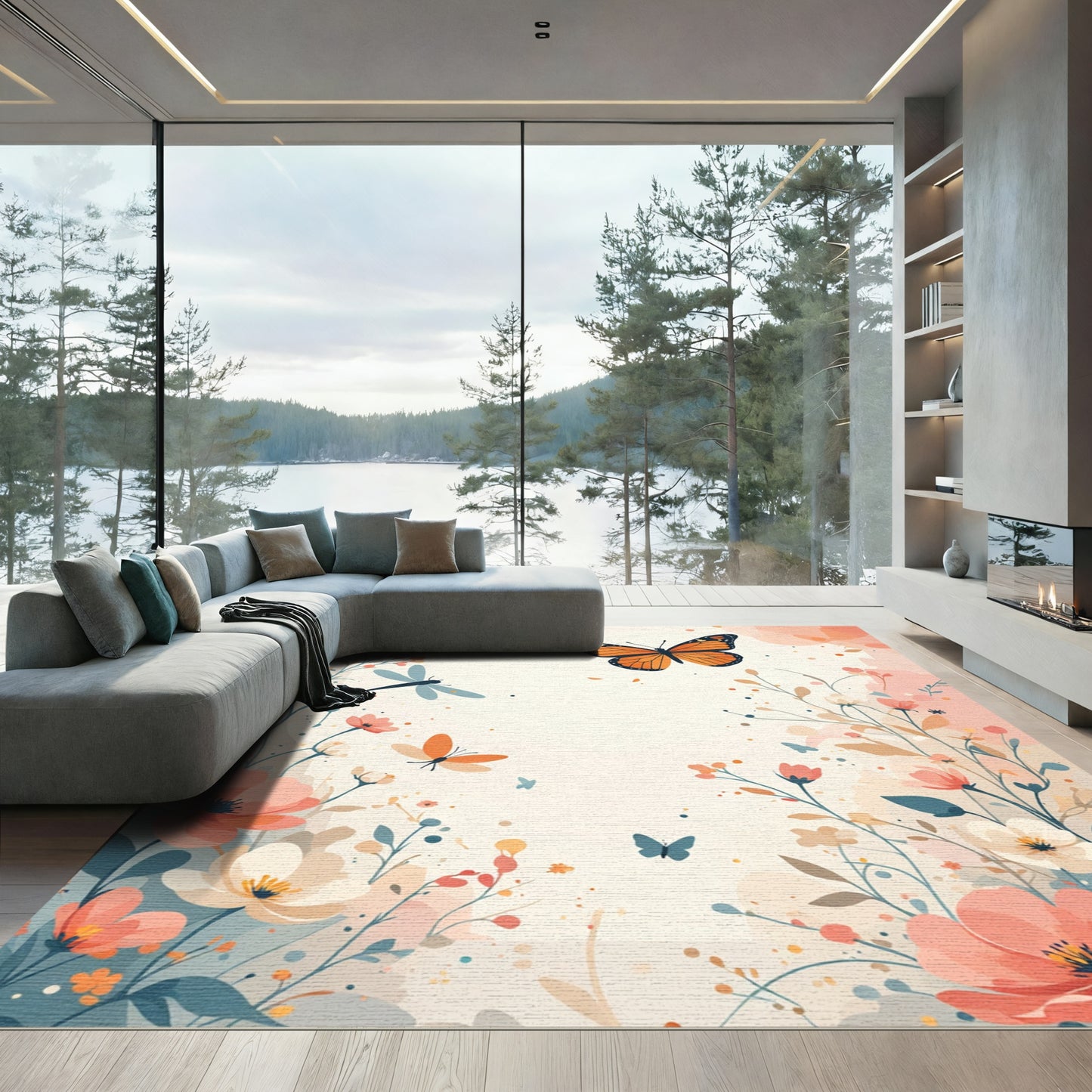 Whimsical Orange Butterfly Garden Rug