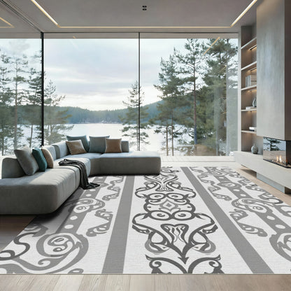 Elegant Grey Scrollwork Vertical Stripe Rug
