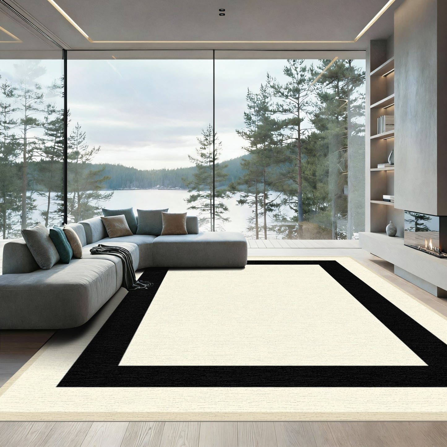 Cream Black Border Geometric Rug