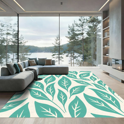 Teal Leafy Branches Cream Background Rug