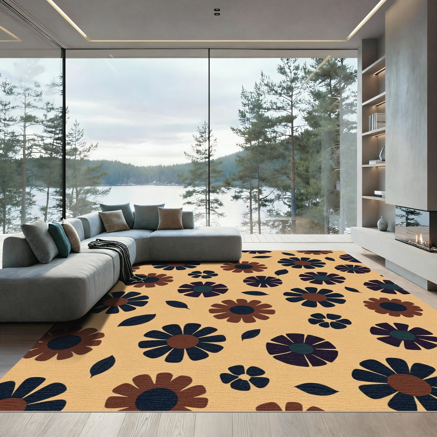 Retro Brown and Blue Floral Bloom Rug