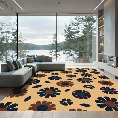 Retro Brown and Blue Floral Bloom Rug