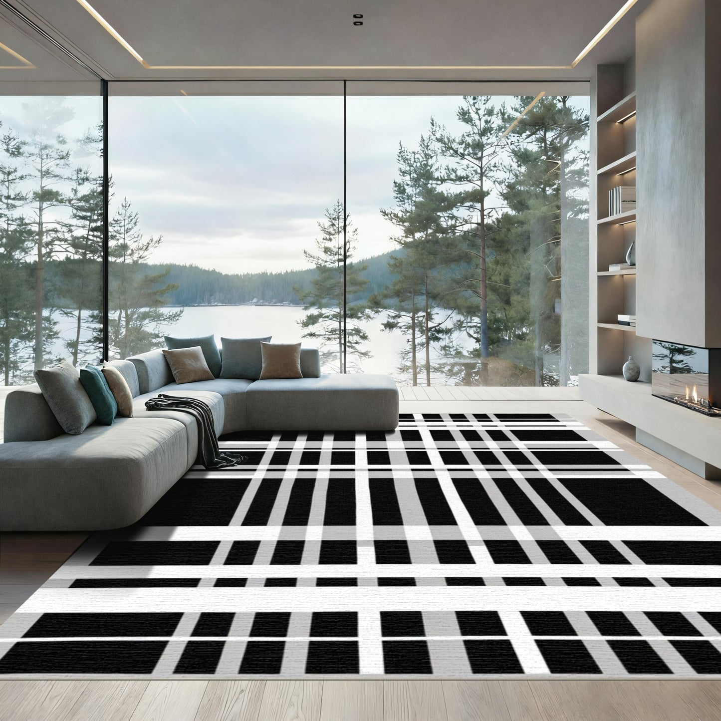 Bold Black White Grid Lines Rug