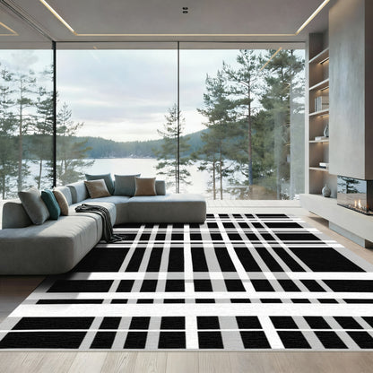 Bold Black White Grid Lines Rug