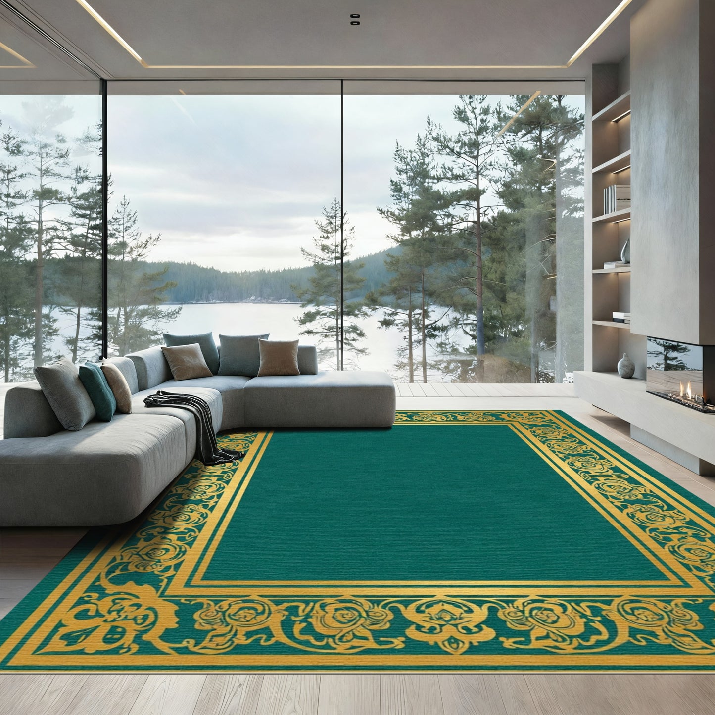 Golden Emerald Floral Border Rug