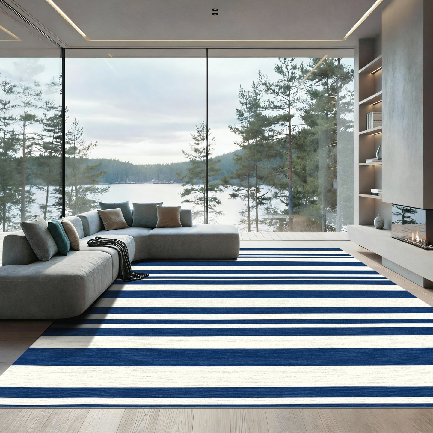 Marine Blue Cream Linear Bands Rug