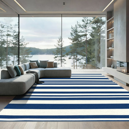 Marine Blue Cream Linear Bands Rug