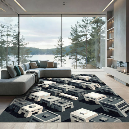 Monochrome Isometric Urban Landscape Rug