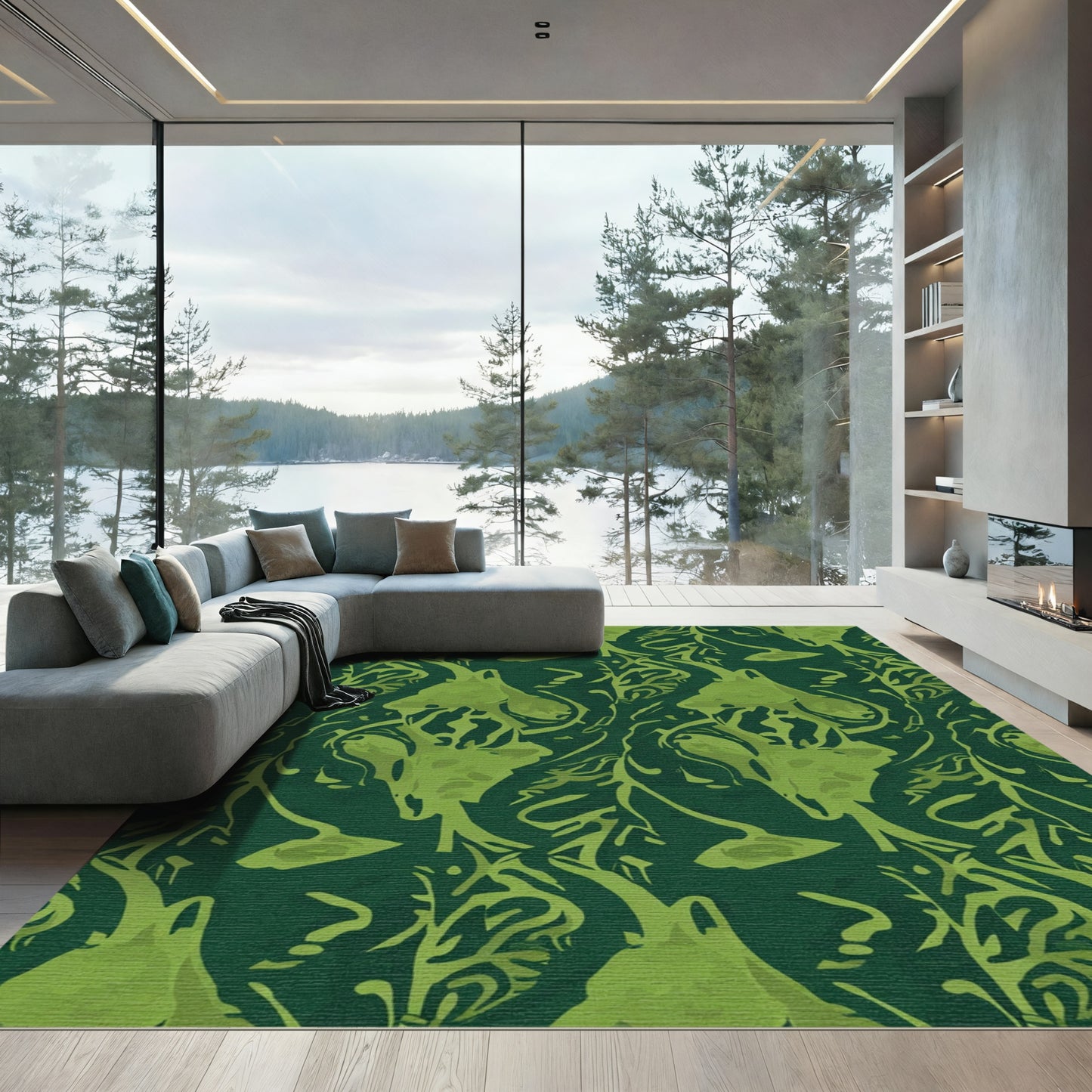 Deep Forest Green Abstract Floral Rug
