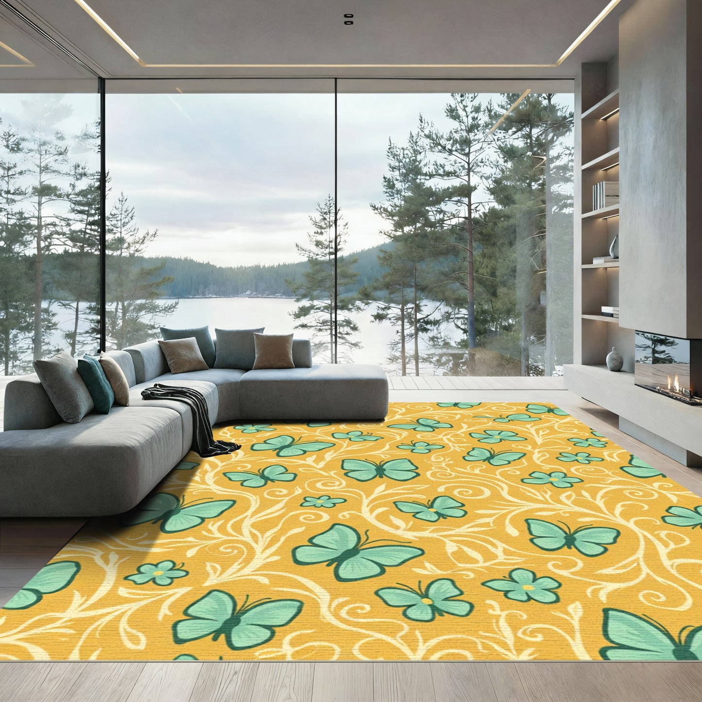 Golden Teal Butterfly Garden Swirl Rug