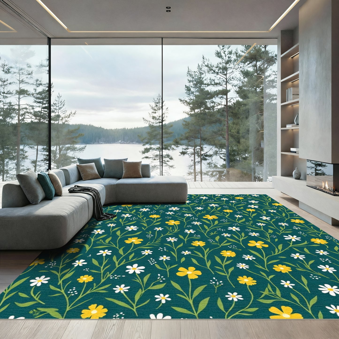 Teal Backyard Yellow White Floral Vines Rug