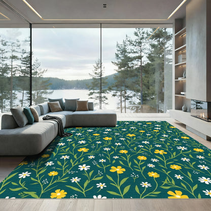 Teal Backyard Yellow White Floral Vines Rug