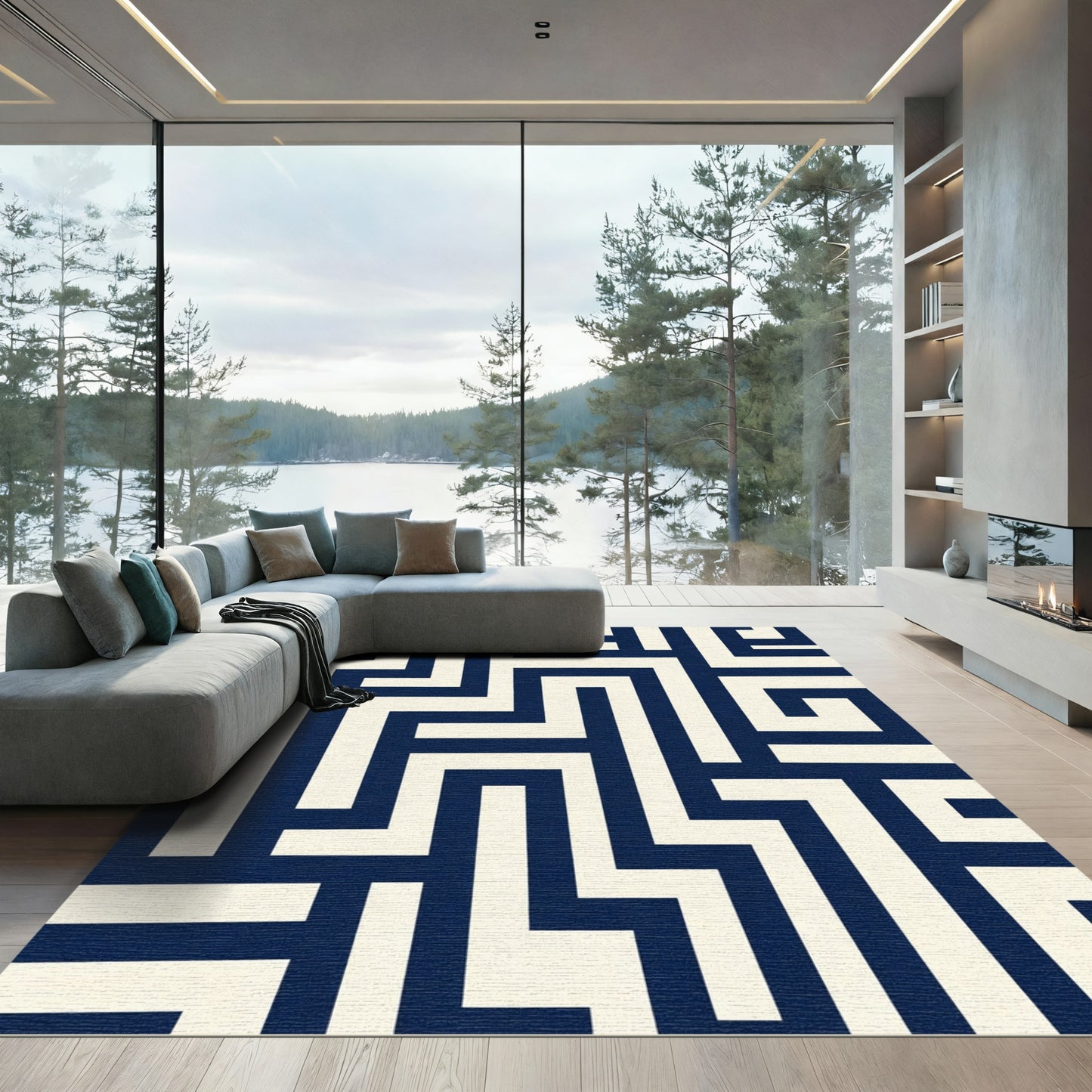 Navy And Cream Maze Geometric Rug