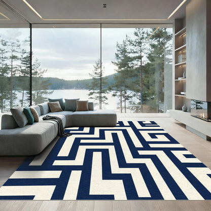 Navy And Cream Maze Geometric Rug