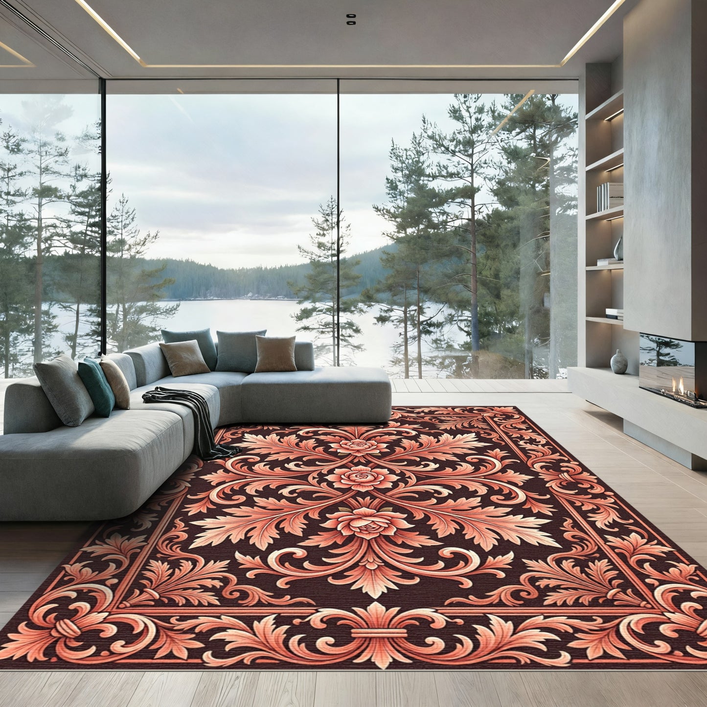 Coral Swirl Floral Medallion Jacquard Rug
