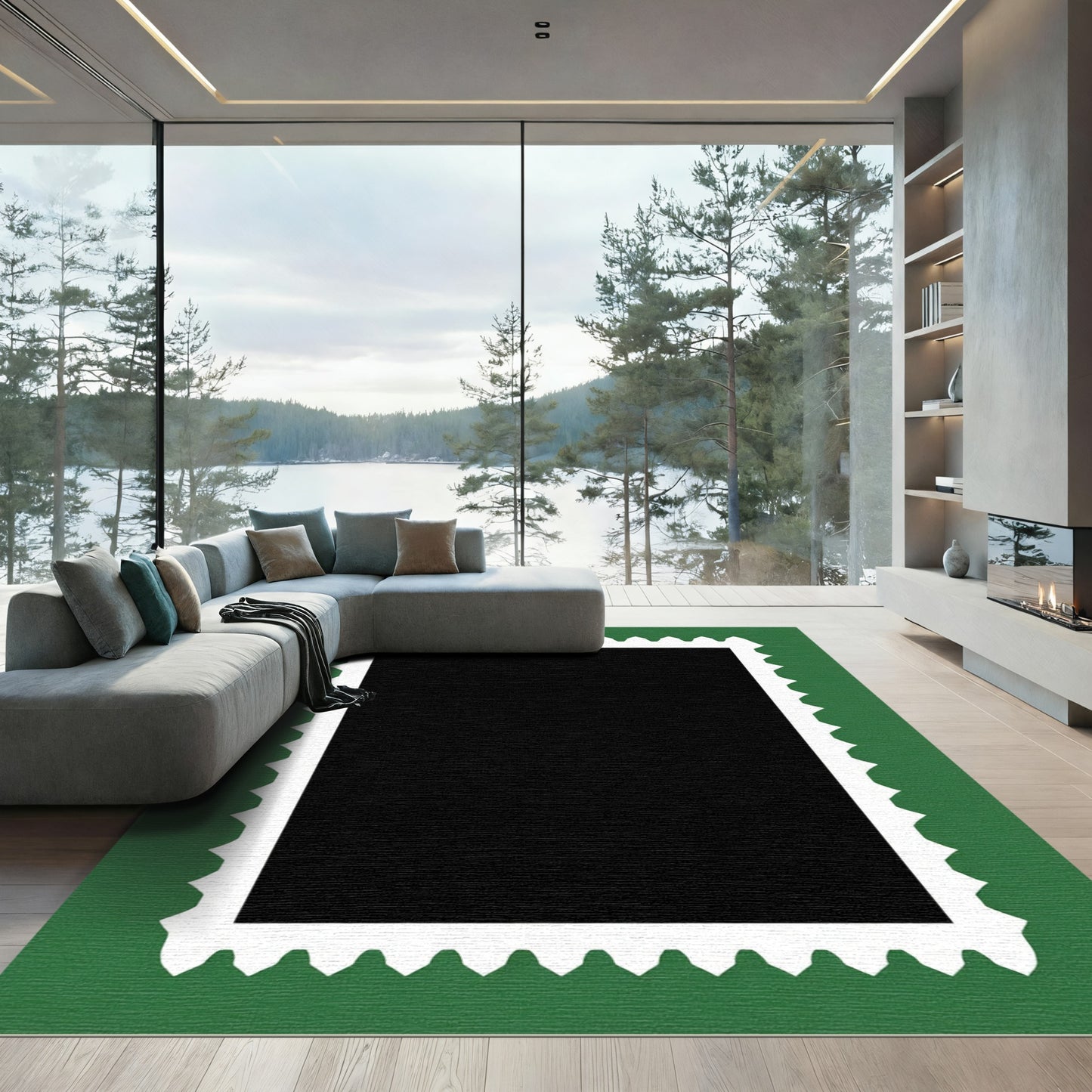 Green White Perforated Square Frame Rug