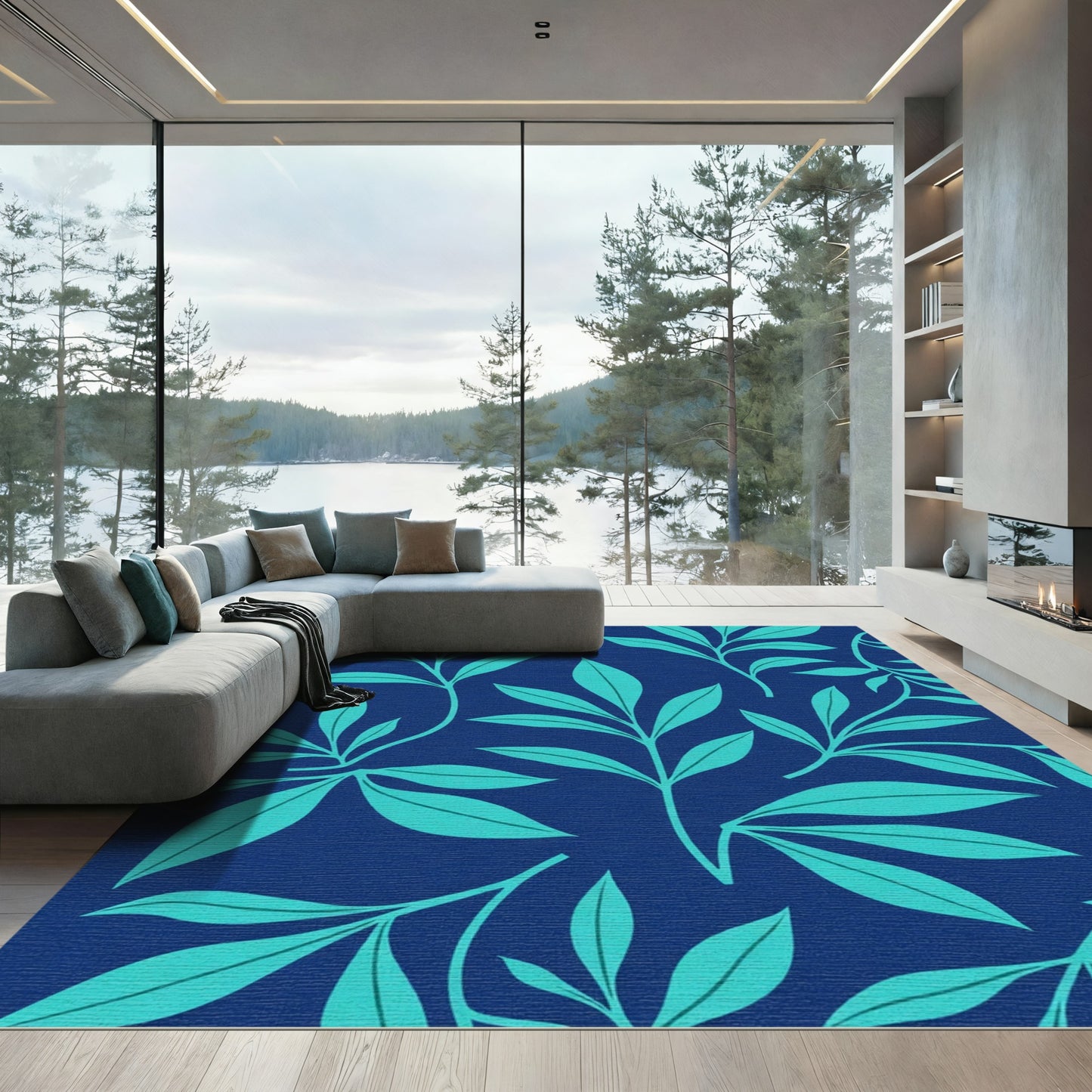 Deep Blue Teal Fern Foliage Rug