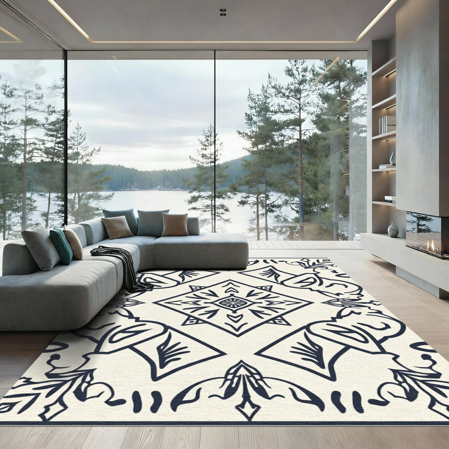 Cream and Navy Floral Diamond Medallion Rug