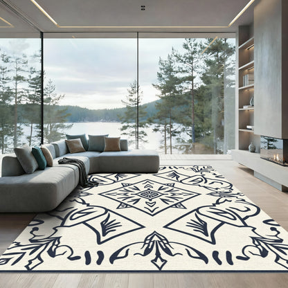 Cream and Navy Floral Diamond Medallion Rug