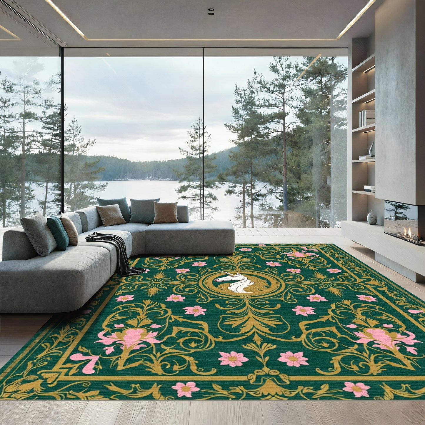 Emerald Unicorn Floral Garden Rug