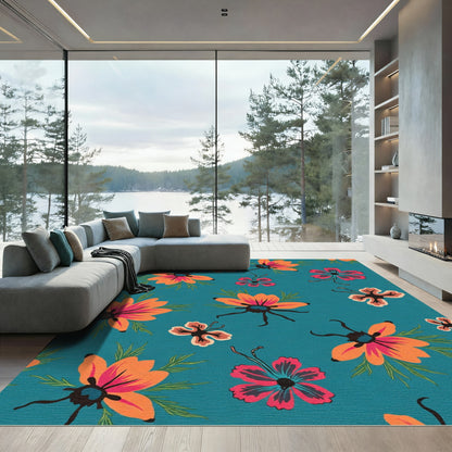 Bright Teal Orange Floral Insect Illustration Rug