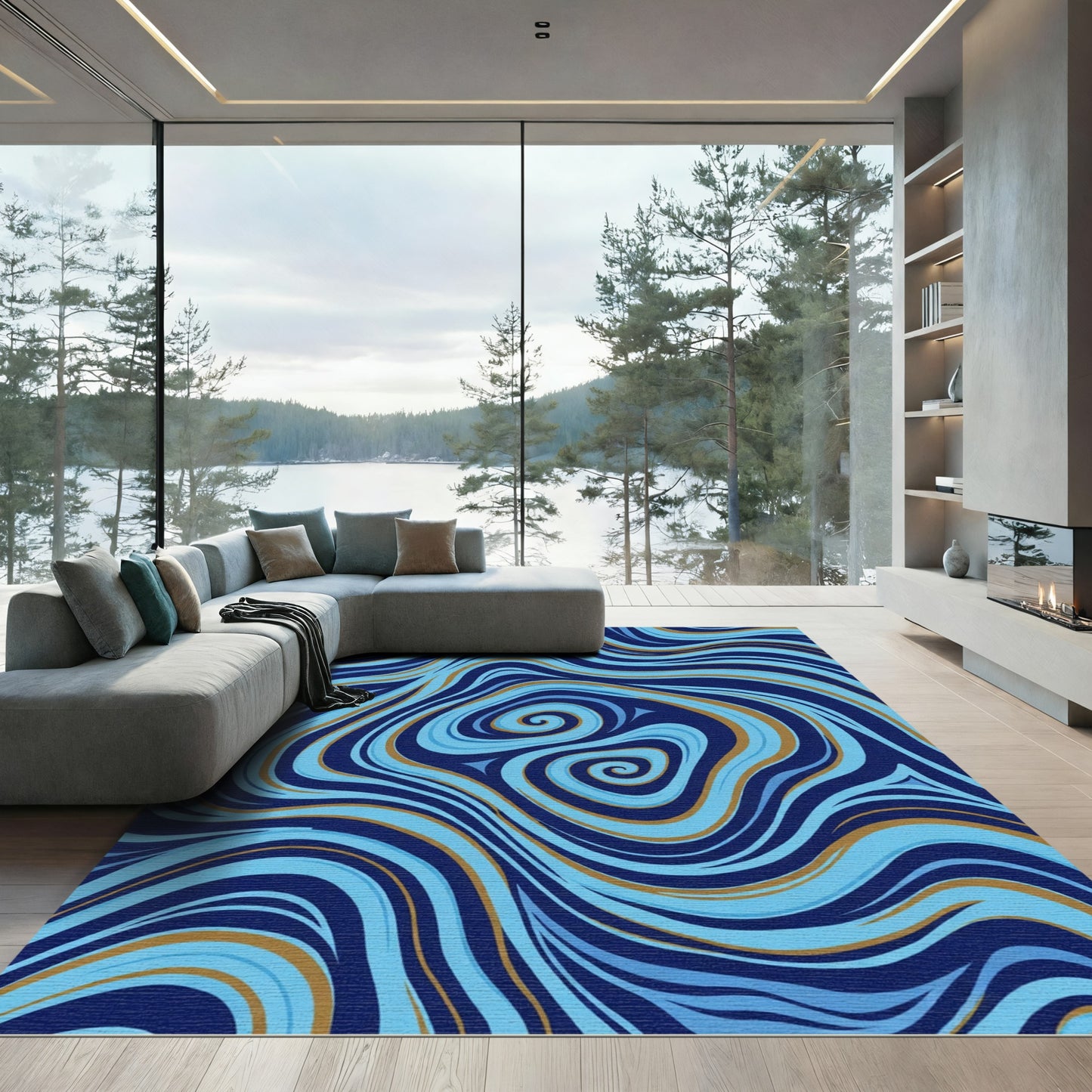 Deep Blue Swirls Flow Abstract Rug