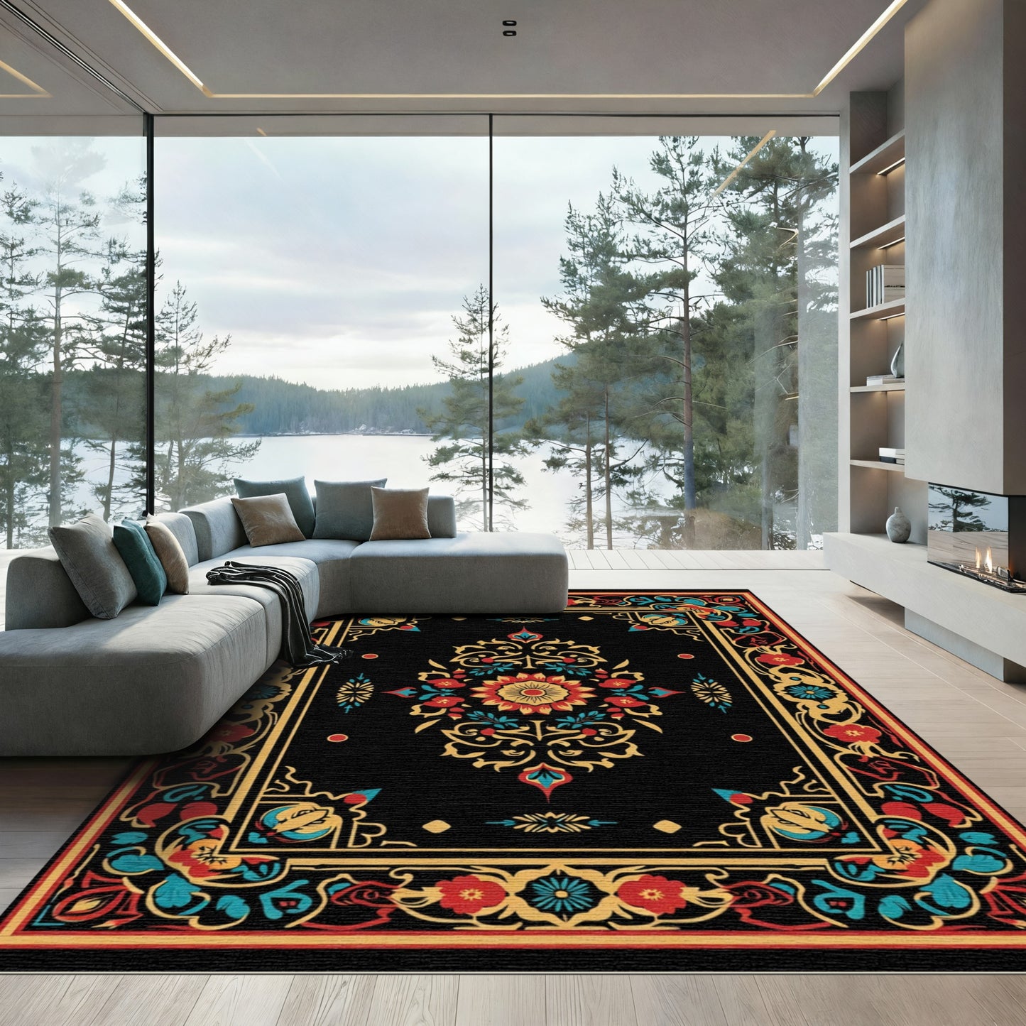 Black Floral Medallion With Red Accent Rug
