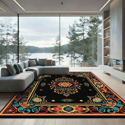 Black Floral Medallion With Red Accent Rug