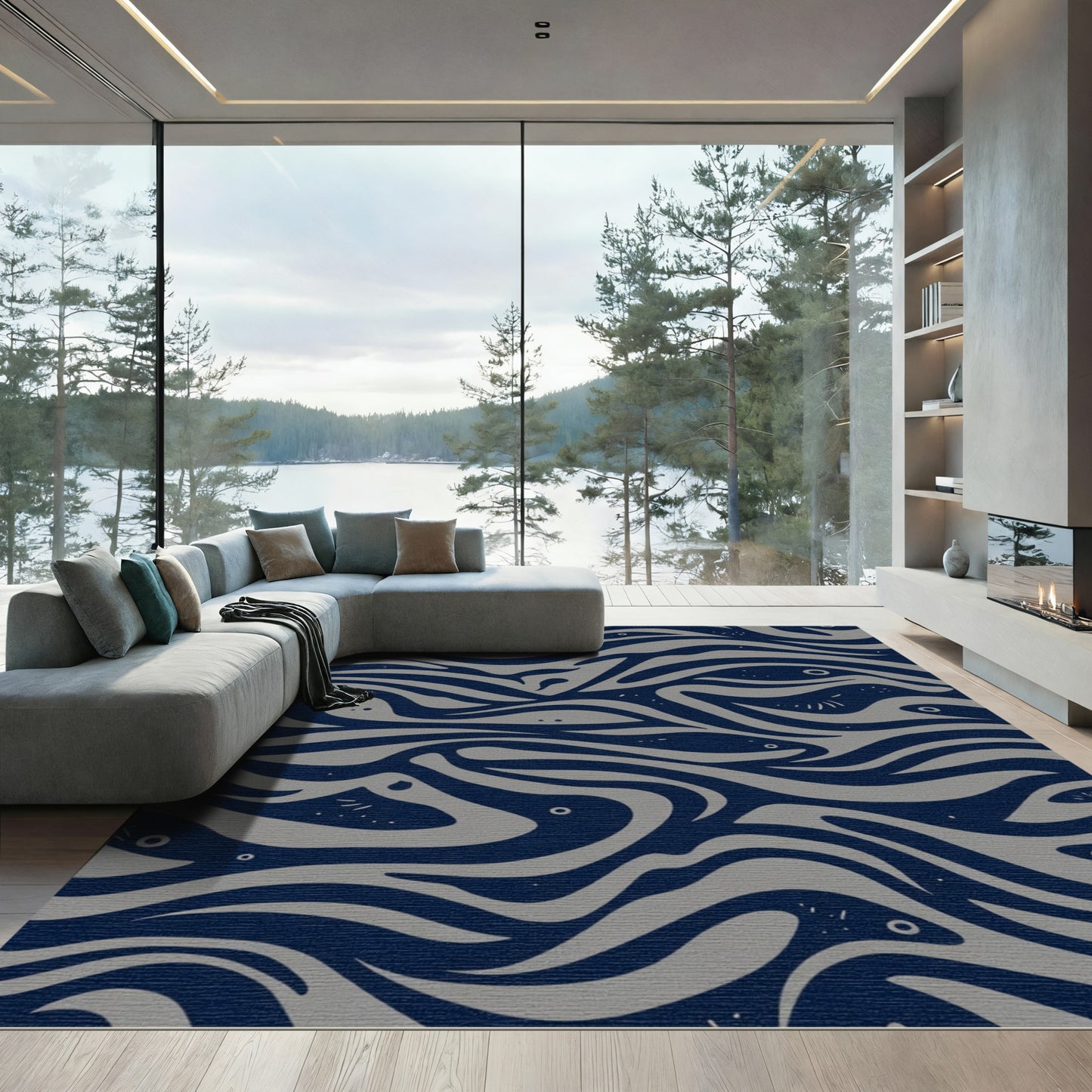 Navy Gray Flowing Abstract Shapes Rug