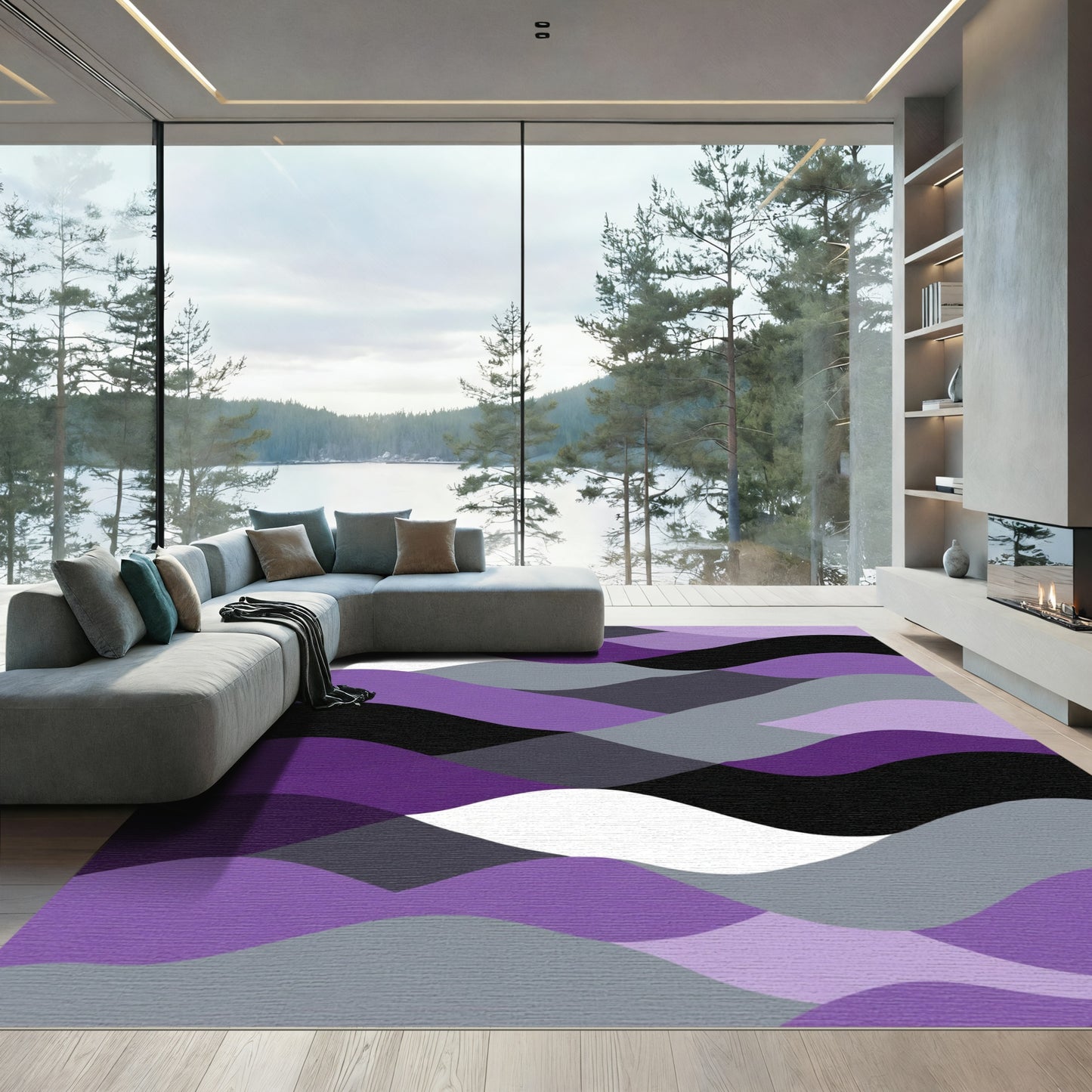 Modern Purple Gray Wave Landscape Rug