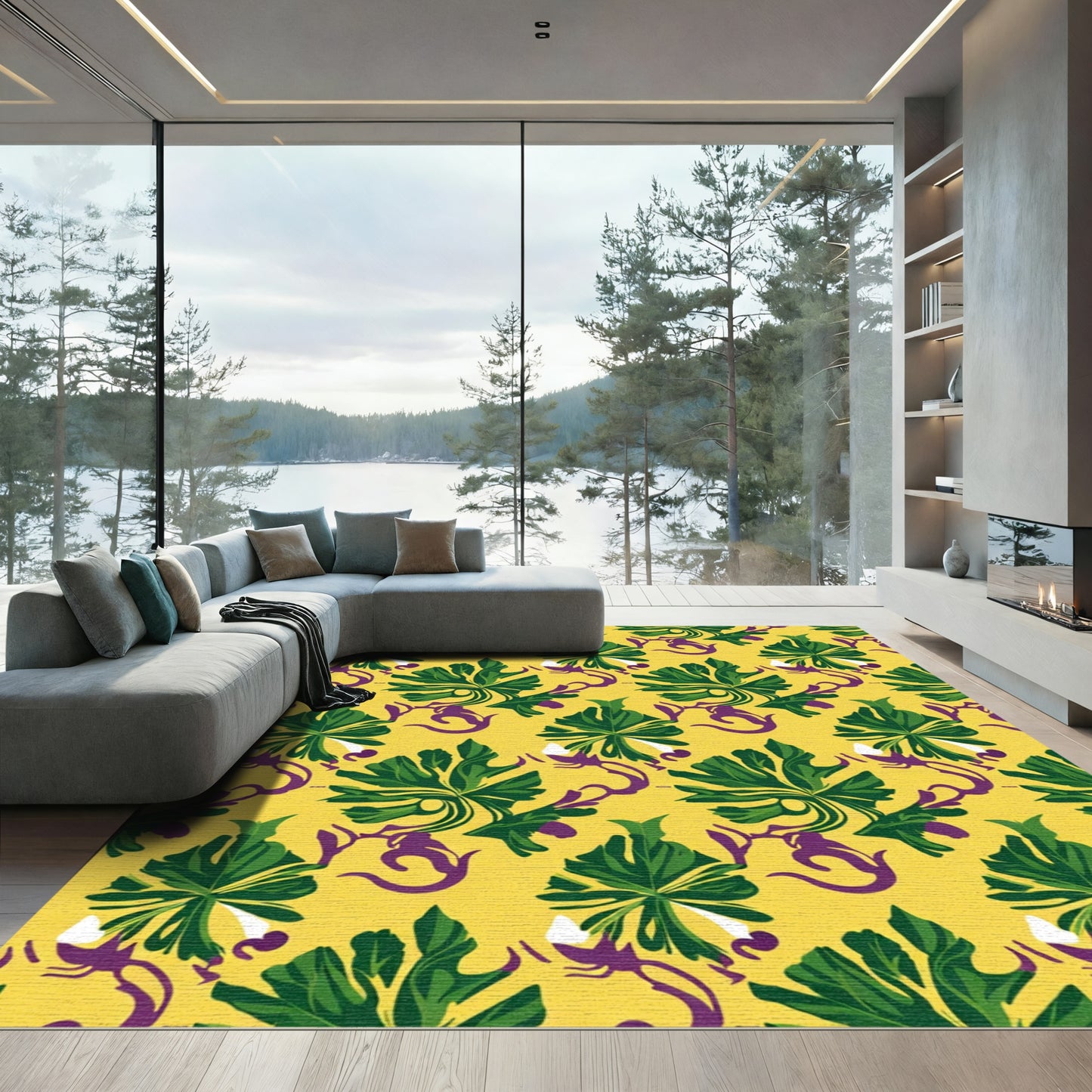Tropical Green Leaf Swirls Yellow Rug