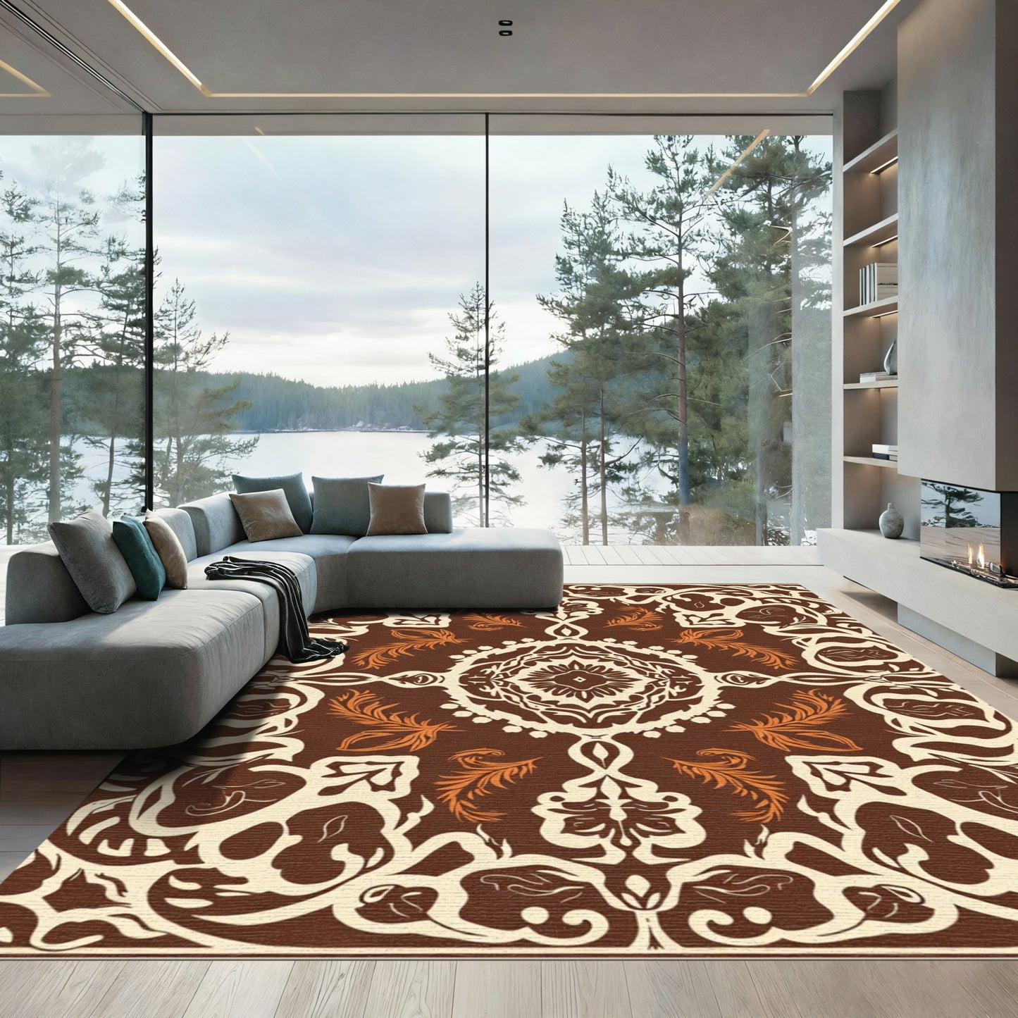 Earthy Orange White Scroll Medallion Rug