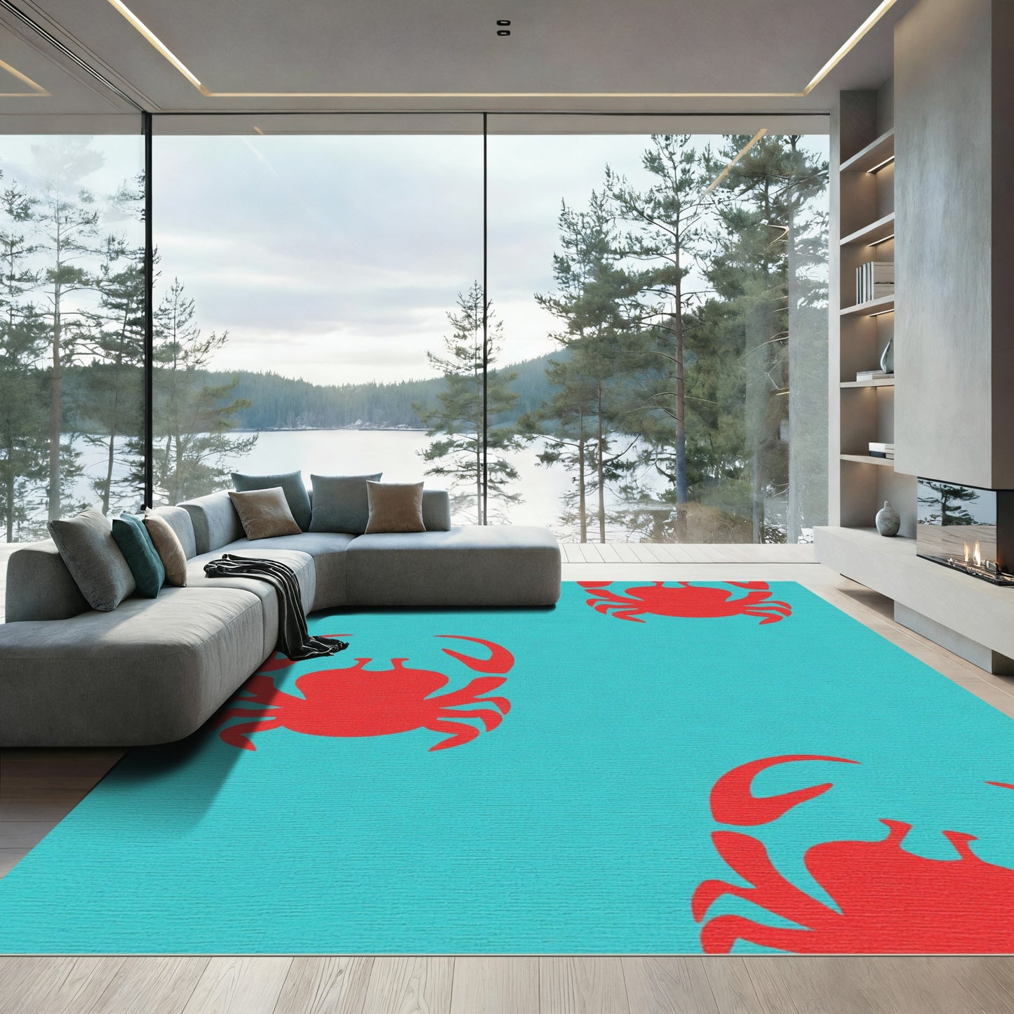 Crimson Crabs Turquoise Background Rug