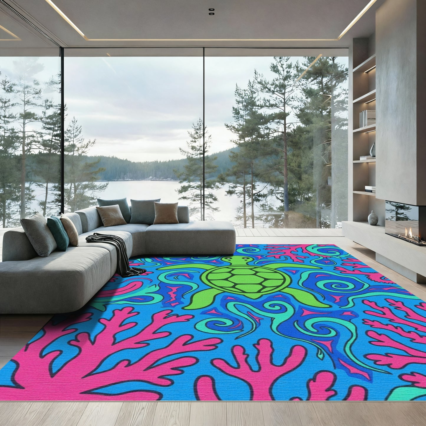 Vibrant Turtle Coral Swirls Rug