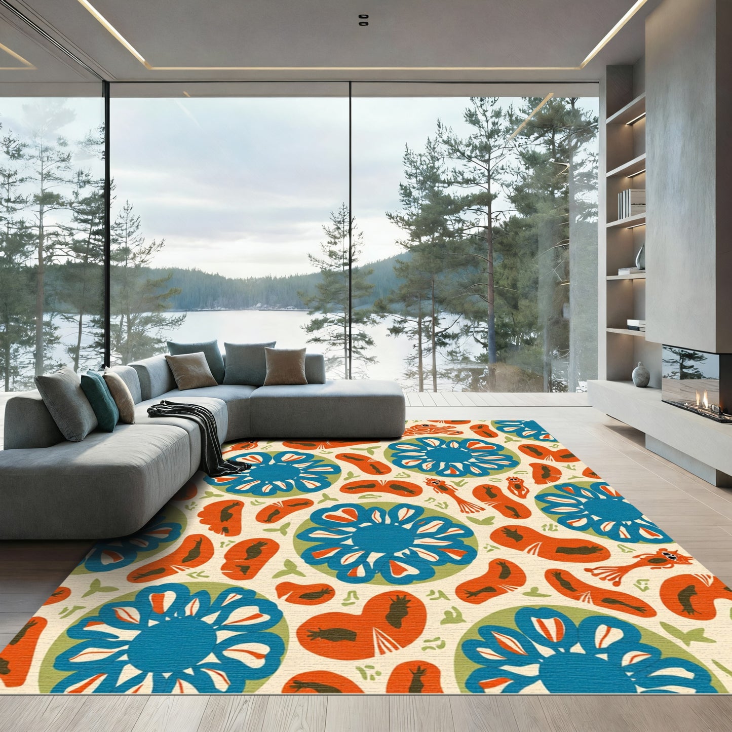 Whimsical Orange Blue Folk Art Rug