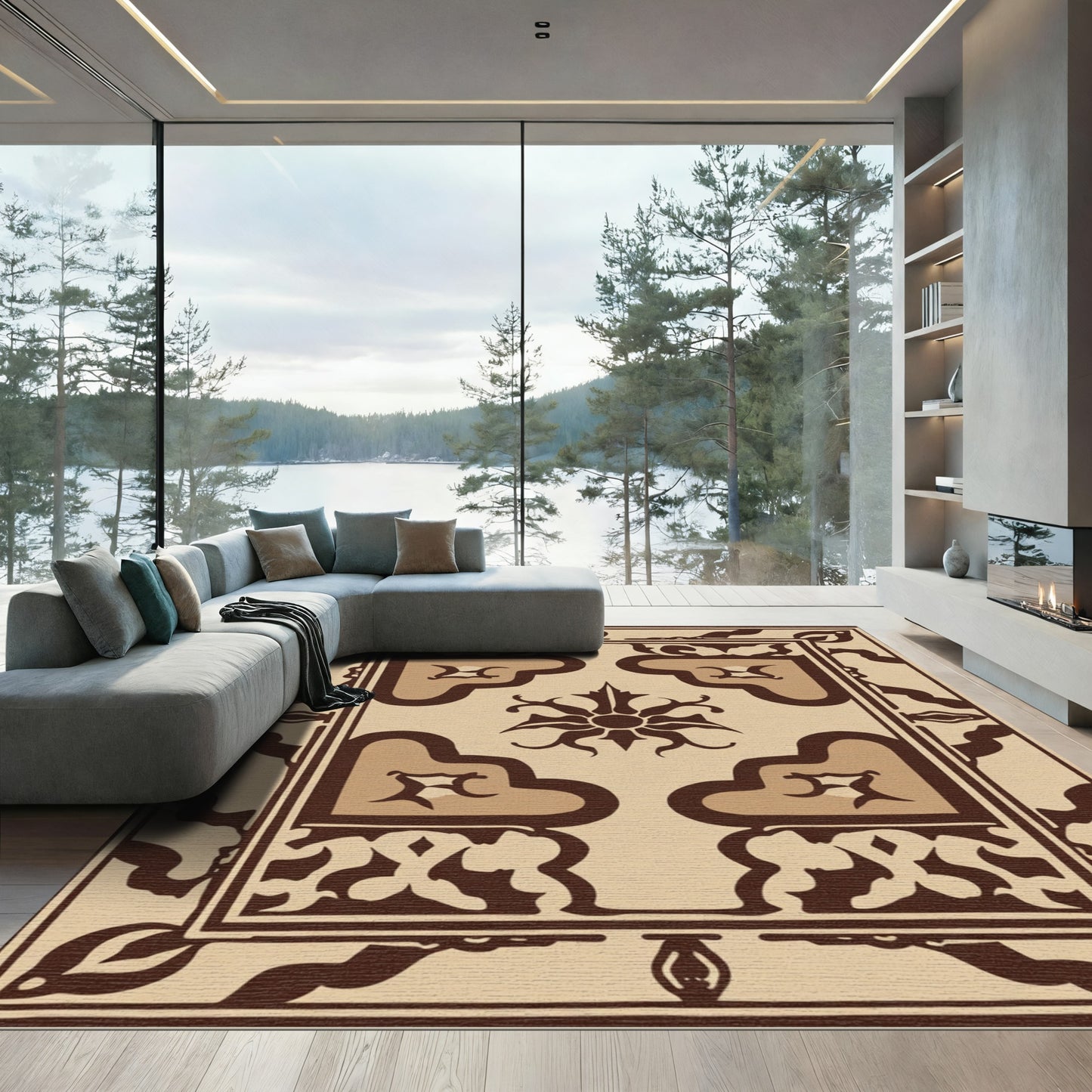 Brown and Tan Medallion Border Rug