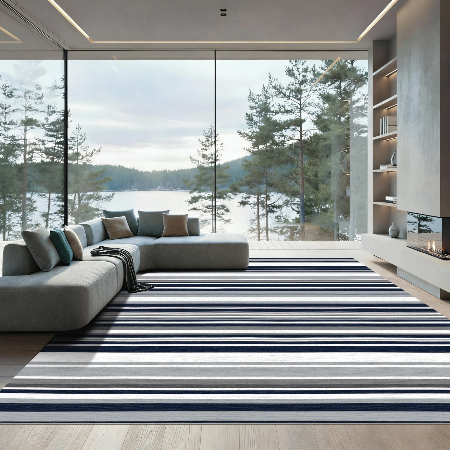 Navy Gray White Horizontal Striped Rug