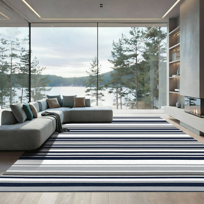 Navy Gray White Horizontal Striped Rug